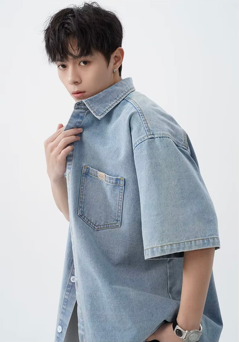 Men’s man mens petite-, tall-, plus-, size Vintage washed denim short-sleeves chest pocket  spring summer style, retro and loose-fit Japanese-style casual shirt Tops Shirts in Wathet light blue