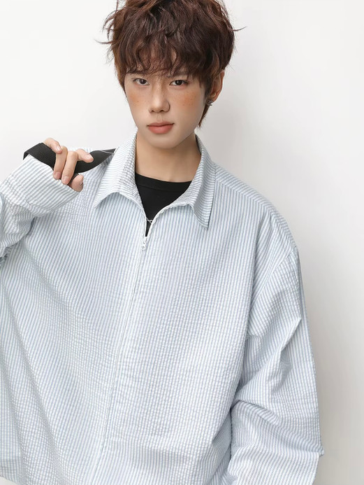 Men’s man mens petite-, tall-, plus-, size Light Travel turn-down collar long sleeves with drop shoulder striped zipper close wfh office commute Workwear Streetwear Premium Trendy Spring Summer Fall Autumn Jacket Outerwear outdoor Outwear Jackets in light blue with white stripes