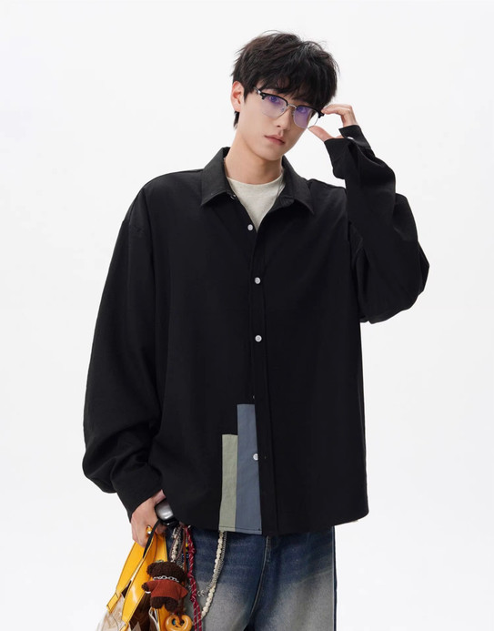 Men’s man mens petite-, tall-, plus-, size Trending Light Travel Streetwear Trendy Spring Summer Fall Autumn Turn-down collar patchwork long sleeves Easy Street Shirt Tops Shirts in black