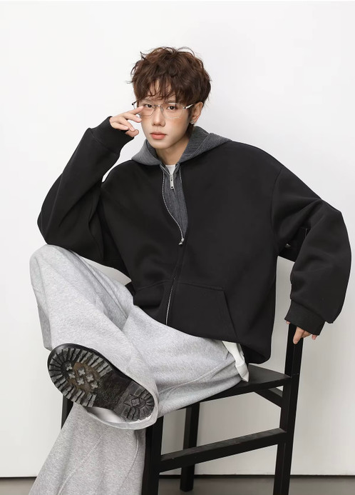 Men’s man mens petite-, tall-, plus-, size Trending Light Travel Workwear Streetwear Trendy Spring Summer Fall Autumn cotton Knitted Patched Double zipper close Pullover Heavyweight American Casual fitness sportswear hooded Bomber Jacket Outerwear coat outdoor camping Outwear Jackets in black with dark gray accent