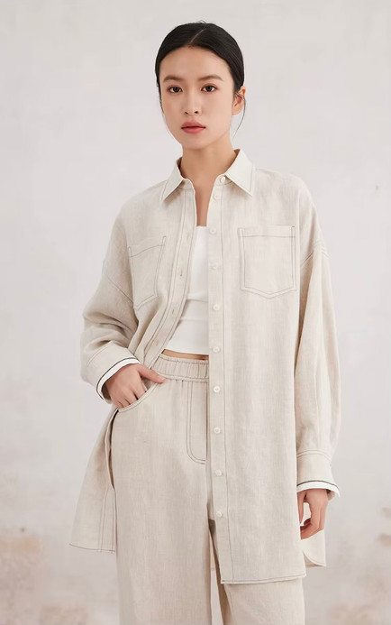 Women’s woman womens petite-, tall-, plus-, size Light Luxury High-Quality 100% linen long sleeves pockets at front turn-down spread collar Shirt tops Shirts in light khaki color