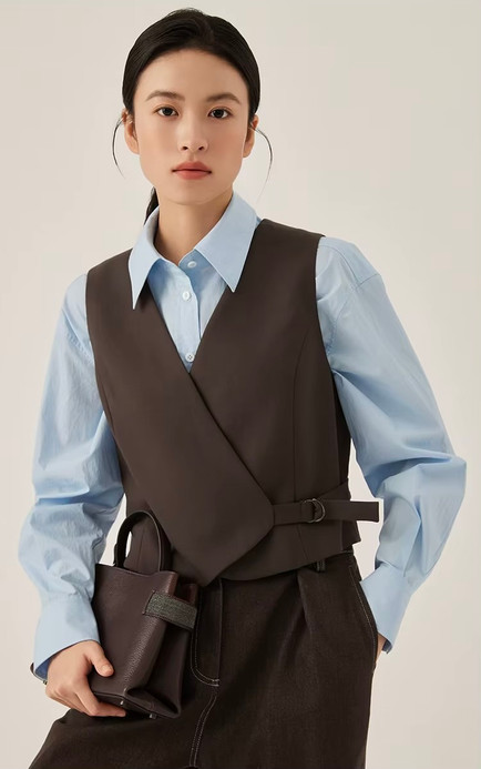 Women’s woman womens petite-, tall-, plus-, size Light Luxury High-Quality commute wfh office workwear Australian wool-blend buckle belt v-neck sleeveless blazer vest outerwear tops Outwear vests in brown