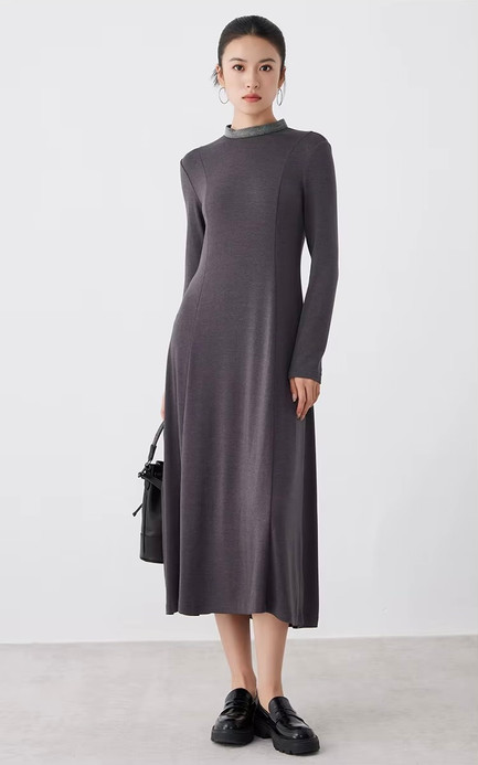 Women’s woman womens petite-, tall-, plus-, size Light Luxury High-Quality wool Blend mockneck in contrast color collar back bow tie-up long sleeves elegant evening party wear Midi dress Dresses in dark Gray grey