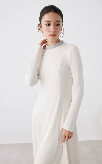 Women’s woman womens petite-, tall-, plus-, size Light Luxury High-Quality wool Blend mockneck in contrast color collar back bow tie-up long sleeves elegant evening party wear Midi dress Dresses in cream apricot