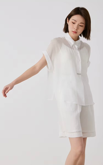 Women’s woman womens petite-, tall-, plus-, size Light Luxury High-Quality short half sleeves button close point collar semi-transparent Shirt tops Shirts in white color