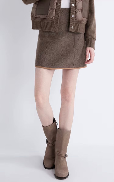 Women’s woman womens petite-, tall-, plus-, size Light Luxury High-quality Minimalist LP Knit Cashmere Blend Elegant Short Winter commute wfh office workwear evening party empire waistline mini Skirt skirts in coffee brown with orange trim color