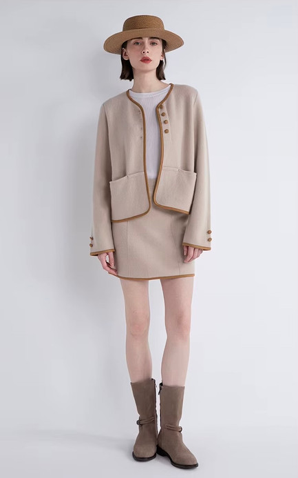 Women’s woman womens petite-, tall-, plus-, size Light Luxury High-quality Minimalist LP Knit Cashmere Blend Elegant Winter commute wfh office workwear evening party v-neck button close patch pockets sweater cardigan Jacket outwear Outerwear jackets in apricot with orange trim color