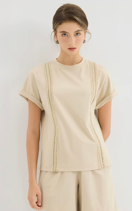 Women’s woman womens petite-, tall-, plus-, size Light Luxury High-Quality 100% pleats short sleeves crochet trim crewneck round O-neck crew neck pleated blouse tops blouses in apricot beige color