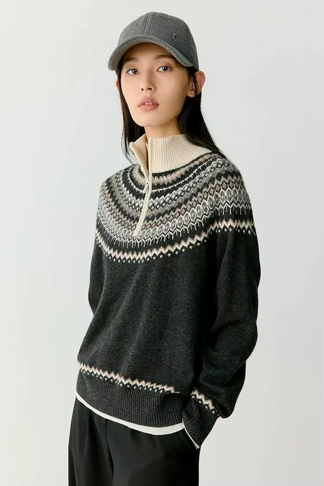 Women’s woman womens petite-, tall-, plus-, size Light Luxury High-Quality cashmere yak wool long sleeves with rib cuffs mockneck zip-up half high ribbed collar turtleneck geometric pattern wide-rib band hem sweater tops sweaters in black with white accent color