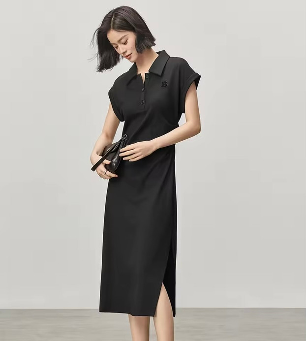 Women’s woman womens petite-, tall-, plus-, size Light Luxury High-Quality viscose-blend polo spread collar button-up short sleeves Mid-calf side slit hem elegant evening party wear ruched Midi dress Dresses in black