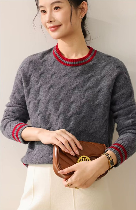 Women’s woman womens petite-, tall-, plus-, size Light Luxury High-Quality Australian wool long sleeves with rib band cuffs crewneck round o-neck crew neck ribbed cable knit sweater tops sweaters in Gray grey color with red accent