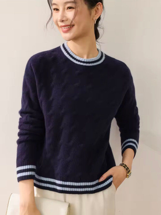Women’s woman womens petite-, tall-, plus-, size Light Luxury High-Quality Australian wool long sleeves with rib band cuffs crewneck round o-neck crew neck ribbed cable knit sweater tops sweaters in dark blue color with light-blue accent