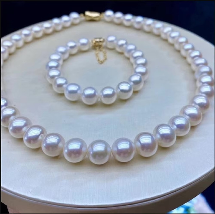 Japanese fresh water akoya white Pearl 10-11mm round Necklace & Bracelet Set 16-36 inch 925s with gold plate clasp