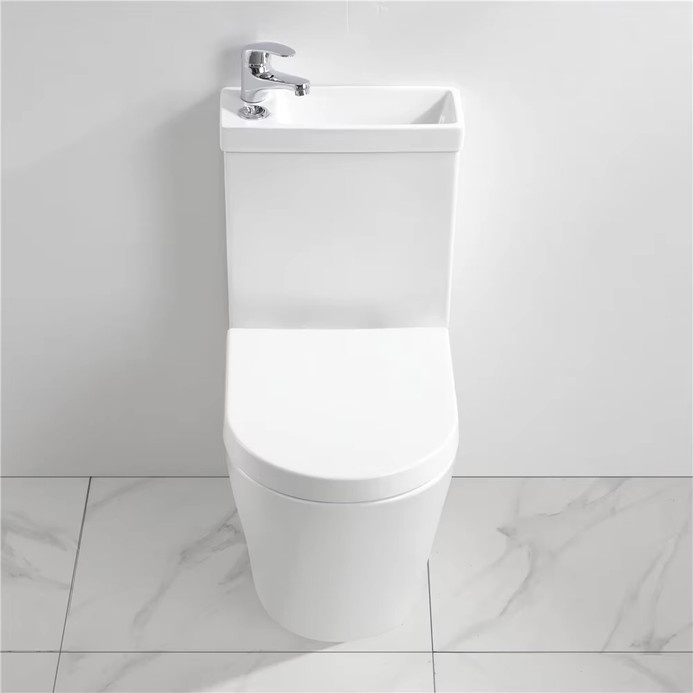 Japanese eco 2-in-1 combination toilet and sink combined washbasin bathroom space saving unit with faucet and thick closed toilets hardware in white