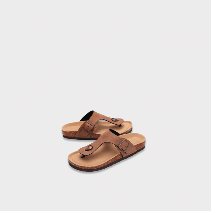 Women’s woman womens petite-, tall-, plus-, size Casual Open Toe Beach Slippers With Adjustable Buckle strap Flats Leather Cork Footbed Flip Flops Cork Sandals in brown