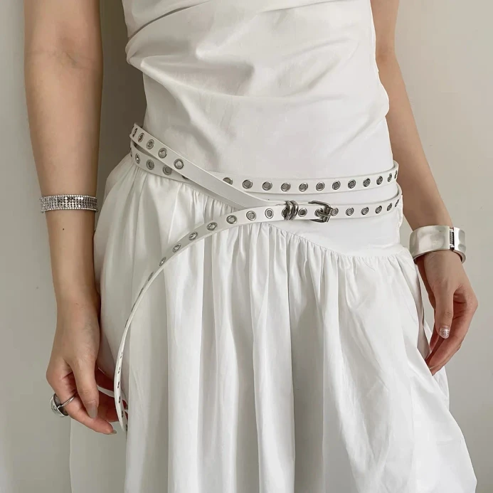 Women’s woman womens Korean design, non-perforation-free double-layer accessory belt, female niche personality, versatile hot girl style accessories belts in white