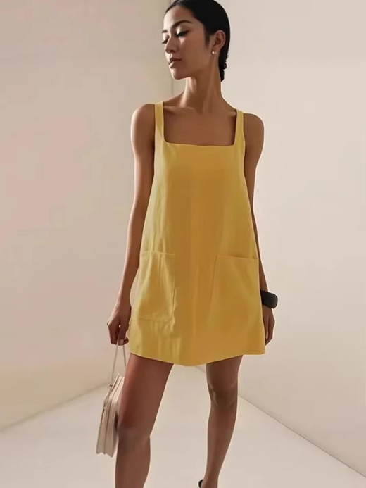 Women’s woman womens petite-, tall-, plus-, size Casual Summer vacation holiday getaway Sexy squareneck H-Line Sleeveless patch pockets alt+ alternative square neck mini Dress evening party Dresses in yellow