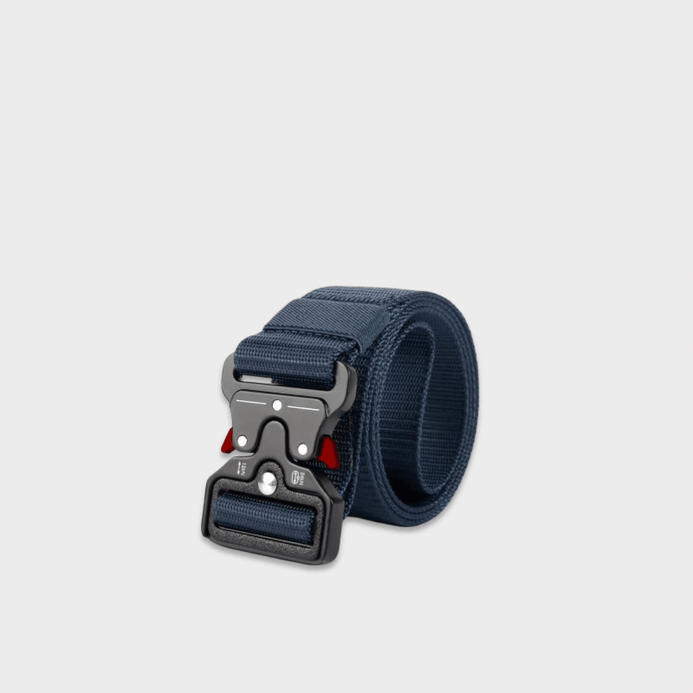 Women’s woman womens Men’s man mens Unisex Genflex Gender Neutral Genderfluid Casual Metal Buckle nylon Waistband solid pattern summer holiday getaway festival party Tactical Belt Fashion belts accessories in dark slate blue with red accent color
