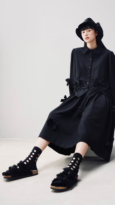 Mid-Calf Pleated Skirt Womens original pure black color wild tie bow pleat heavy Skirts Trending Mid-Calf Pleated Skirt Womens original pure black color wild tie bow pleat heavy Skirts Trending