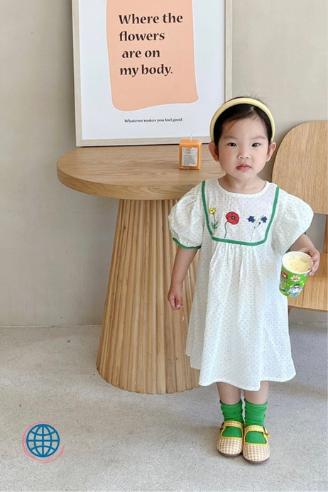 Toddler Floral Embroidery Prinecess Dress  Baby Girl Casual Dot Retro Boatneck O-neck Short Puff Sleeve Straight Soft Breathable White Cotton Trending Princess Dresses