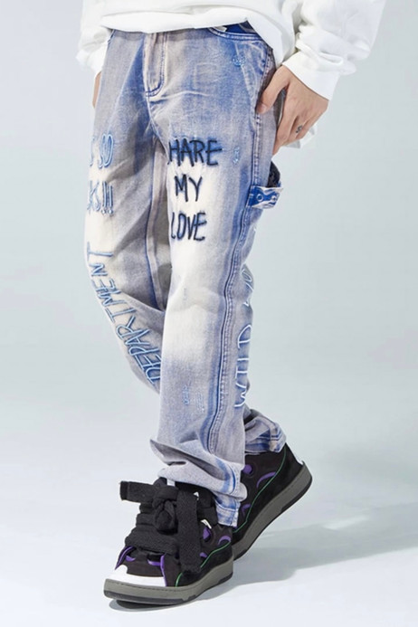 Distressed Wash Embroidery Flare Jeans Men Mid Rise Waist Urban Streetwear Mens Splash Ink Dyeing Wide Leg Jeans Slim Fit Denim Pants Hip Hop Man Trending In Blue Distressed Wash Embroidery Flare Jeans Men Mid Rise Waist Urban Streetwear Mens Splash Ink Dyeing Wide Leg Jeans Slim Fit Denim Pants Hip Hop Man Trending In Blue
