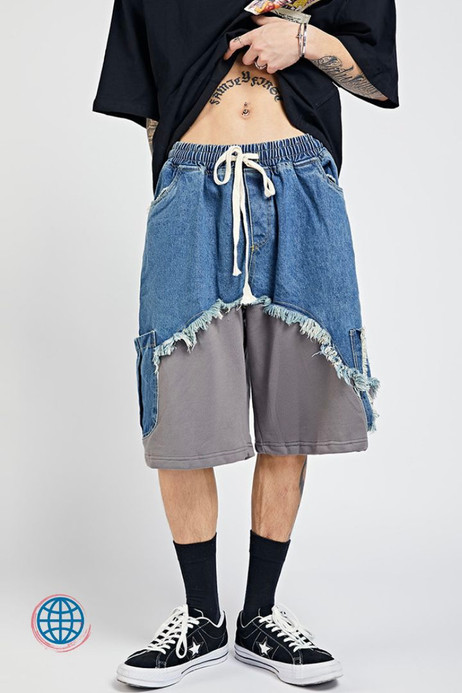 Raw Edge Patch Jean Shorts Men's Vintage Patchwork Mid Rise Waist Ripped Frayed Beggar Style Loose Casual Straight Five-point Drawstring Streetwear Shorts Man Trending in Blue Raw Edge Patch Jean Shorts Men's Vintage Patchwork Mid Rise Waist Ripped Frayed Beggar Style Loose Casual Straight Five-point Drawstring Streetwear Shorts Man Trending in Blue