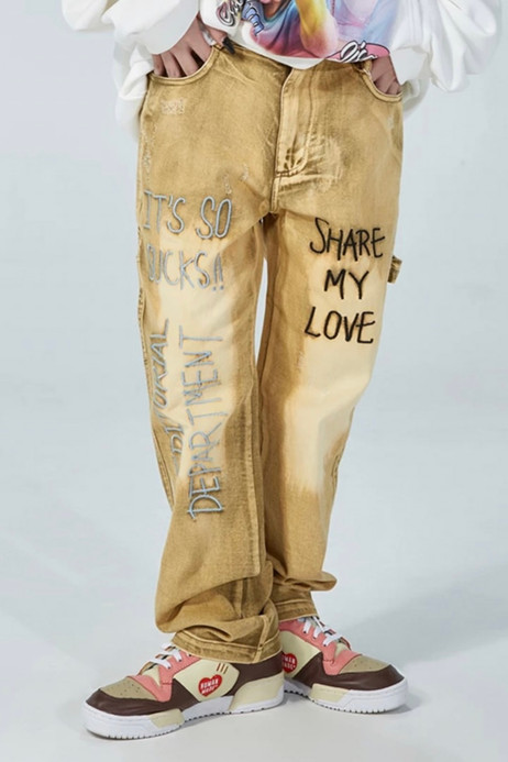 Distressed Embroidery Flare Jeans Men Mid Rise Waist Wash Button Fly Urban SHARE MY LOVE Letter Print Streetwear Mens Splash Ink Dyeing Wide Leg Jeans Slim Fit Denim Pants Hip Hop Man Trending In Yellow Distressed Embroidery Flare Jeans Men Mid Rise Waist Wash Button Fly Urban SHARE MY LOVE Letter Print Streetwear Mens Splash Ink Dyeing Wide Leg Jeans Slim Fit Denim Pants Hip Hop Man Trending In Yellow