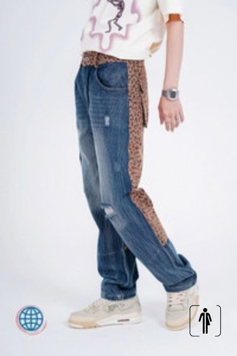 Leopard Stitching Broken Jeans Women's Vintage Fashionable Destroyed Straight Pants Men's Streetwear Washed Denim Unisex Trending in Blue Leopard Stitching Broken Jeans Women's Vintage Fashionable Destroyed Straight Pants Men's Streetwear Washed Denim Unisex Trending in Blue