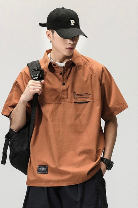 Japanese Polo Shirt Men’s Short Sleeve Loose Thin Tooling Retro Lapel Simple Casual Street Japan T-shirt Clothing for Man Trending in Orange Japanese Polo Shirt Men’s Short Sleeve Loose Thin Tooling Retro Lapel Simple Casual Street Japan T-shirt Clothing for Man Trending in Orange