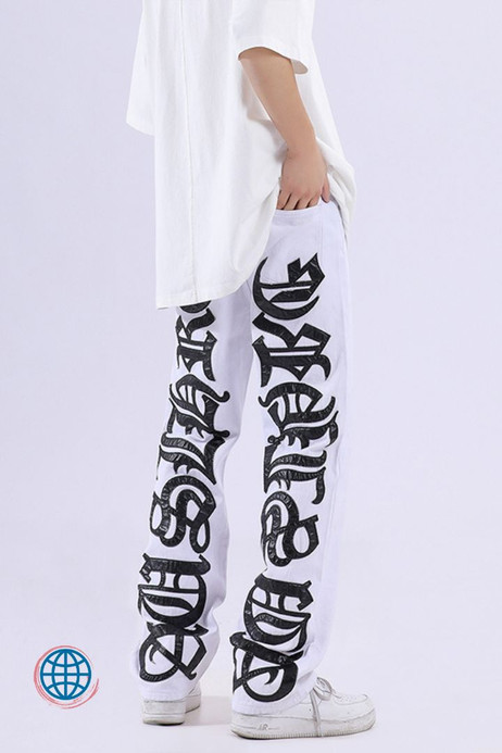 Mid Rise Straight Jeans Men’s Letter Embroidery Casual Loose Waist Patch Denim Hip Hop Gothic Streetwear Trending in White Mid Rise Straight Jeans Men’s Letter Embroidery Casual Loose Waist Patch Denim Hip Hop Gothic Streetwear Trending in White