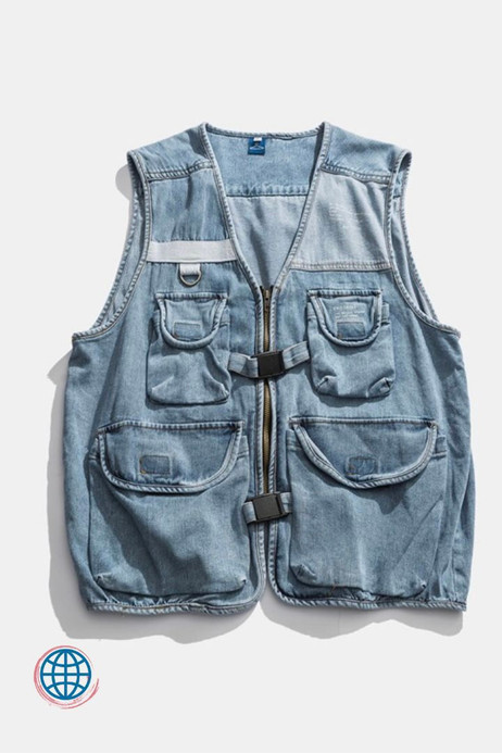 Cargo Denim Vest Men's Vintage Function Military Pockets Jean Jacket Sleeveless Jackets Hip Hop Streetwear Vests Trending for Man in Blue Cargo Denim Vest Men's Vintage Function Military Pockets Jean Jacket Sleeveless Jackets Hip Hop Streetwear Vests Trending for Man in Blue