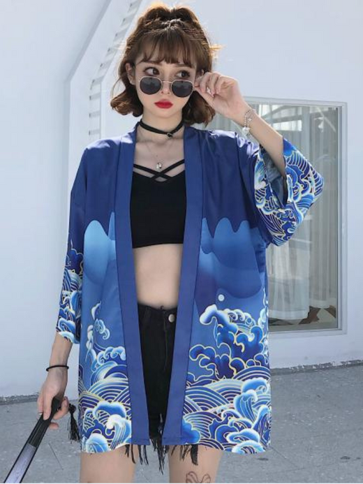 Haori Kimono Cloak Women’s Japanese Waves Carp Dragon Fish print Cardigan Kimono Female Loose Thin Three Quarter Sleeve Outer Garment Fashion Spring Summer Jacket Coat Japan Outerwear Kimonos Cardigans Jackets for Woman Trending in Blue Haori Kimono Cloak Women’s Japanese Waves Carp Dragon Fish print Cardigan Kimono Female Loose Thin Three Quarter Sleeve Outer Garment Fashion Spring Summer Jacket Coat Japan Outerwear Kimonos Cardigans Jackets for Woman Trending in Blue
