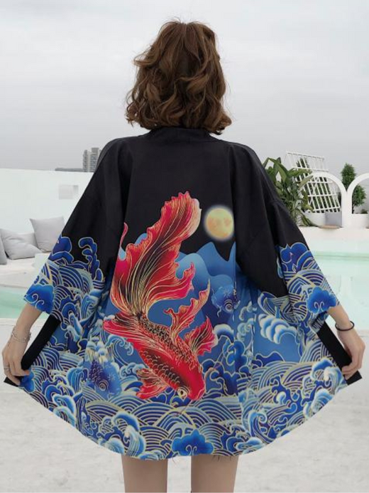 Graphic Haori Kimono Cloak Women’s Japanese Waves Carp Dragon Fish print Cardigan Kimono Female Loose Thin Three Quarter Sleeve Outer Garment Fashion Spring Summer Jacket Coat Japan Outerwear Kimonos Cardigans Jackets for Woman Trending in Black Graphic Haori Kimono Cloak Women’s Japanese Waves Carp Dragon Fish print Cardigan Kimono Female Loose Thin Three Quarter Sleeve Outer Garment Fashion Spring Summer Jacket Coat Japan Outerwear Kimonos Cardigans Jackets for Woman Trending in Black