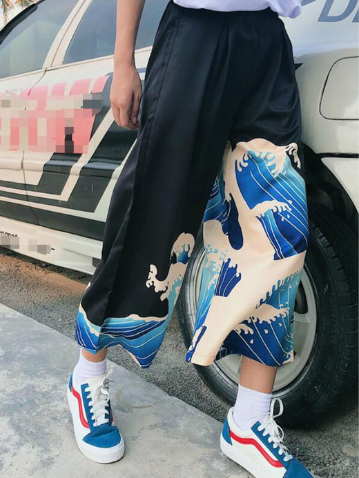 Wide Leg Pants Women’s Japanese Kimono Broad-legged Loose Cropped Ninth Black Wave Print Trousers Trending for Woman Wide Leg Pants Women’s Japanese Kimono Broad-legged Loose Cropped Ninth Black Wave Print Trousers Trending for Woman