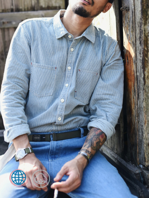 Chambray Striped Shirt  Mens Japanese long sleeve stripe Vintage Casual Slim Fit Denim Jeans Plus Size Japan Shirts Trending for Man in Light Blue