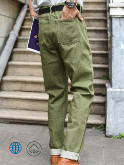 Slim Fit Jeans Mens High Rise Waist Vulcanization Olive Green Selvedge Denim washed Slim Fit Zipper Fly Pants Trending for Man Slim Fit Jeans Mens High Rise Waist Vulcanization Olive Green Selvedge Denim washed Slim Fit Zipper Fly Pants Trending for Man