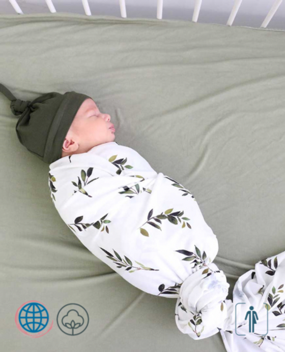Cotton Swaddle Wrap Blanket + Hat 2-Piece Set in Trending Green Leaf Cotton Swaddle Wrap Blanket + Hat 2-Piece Set in Trending Green Leaf