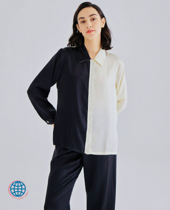 Contrast Silk Pajama Set Women's Black and White 100% Mulberry Silk Mismatched Perfection Silk Pajama Shirt Fashion Lounge PJ Sets for trending Woman Contrast Silk Pajama Set Women's Black and White 100% Mulberry Silk Mismatched Perfection Silk Pajama Shirt Fashion Lounge PJ Sets for trending Woman