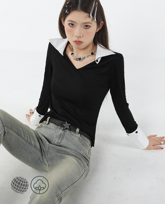 Spread Collar V-neck Shirt Women's Black white Top Splicing Sense of Design Fashion Vintage Loose Long Sleeve Bottom Jonny Collar Polo Shirts Tops for trending Woman Spread Collar V-neck Shirt Women's Black white Top Splicing Sense of Design Fashion Vintage Loose Long Sleeve Bottom Jonny Collar Polo Shirts Tops for trending Woman