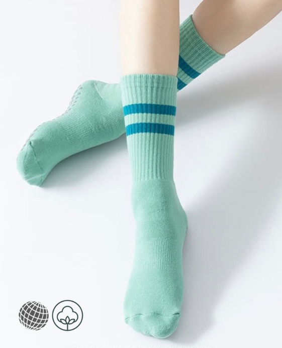 Long Terry Rib Socks   Women’s Cotton Breathable Sweat-absorbing Pilates Yoga Dance Fitness Training Anti-Slip Ribbed Sports Footwear for trending Woman in Green blue