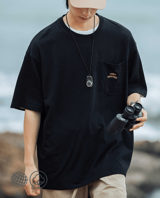 Hanger-Loop-Pocket T-Shirt  Unisex Anywear Mens Women’s Summer Men's Crewneck Embroidered Tee Korean Fashion T-shirts TIMES PRACTICE Embroidery Pockets Round O-Neck Short Half Sleeved Oversized Tops Couple Plus Size Tees for Man Woman in trending Black