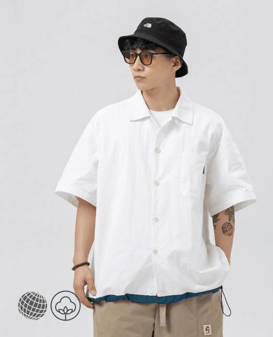 Reflective Strip Drawstring Shirt  Men's Shirt Illuminated Jacket Bottom Contrast Panel Short Sleeve Summer Fashion Oversized Shirts Plus Size Safety Clothing for Man in trending White