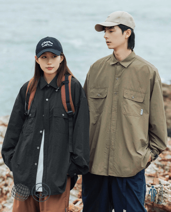 American Anywear Shirt   Genderful Mens Spring Summer Men's Women’s Unisex Worker Retro Long Sleeve Couple Fashion Old Casual Versatile Turn-down collar Check Pockets Shirts Coat for trending Man Woman in Black Khaki