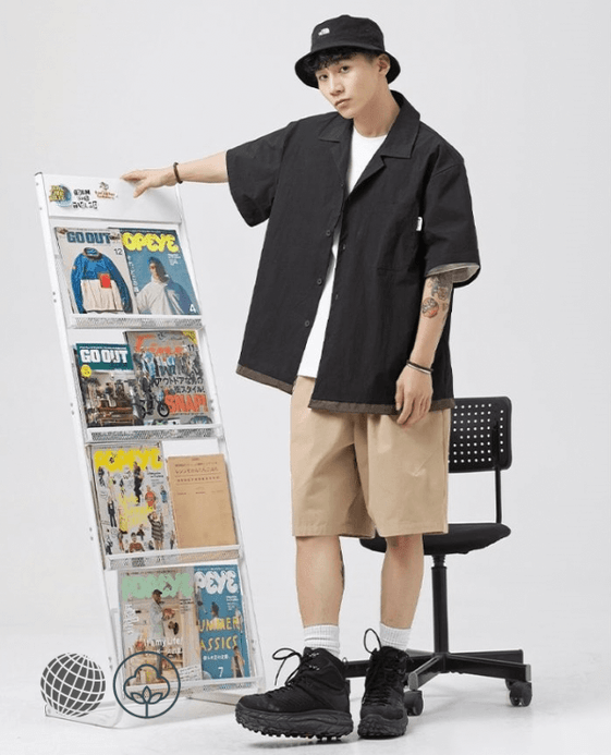 Reflective Strip Shirt  Men's Shirt Illuminated Jacket Bottom Contrast Panel Short Sleeve Summer Fashion Drawstring Oversized Shirts Plus Size Safety Clothing for Man in trending Black