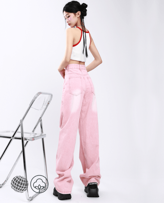 Worn-Out High Rise Jeans Women’s High-Rise Waist American Streetwear Wide Leg Pants Fashion Vintage Straight Summer Female Plus Size Trousers for Woman in trending Pink Worn-Out High Rise Jeans Women’s High-Rise Waist American Streetwear Wide Leg Pants Fashion Vintage Straight Summer Female Plus Size Trousers for Woman in trending Pink