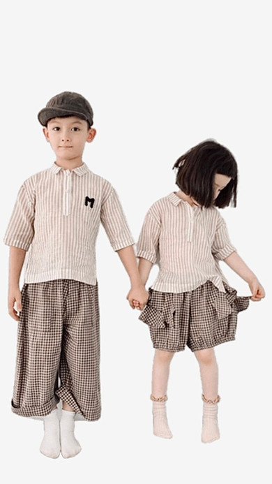 Mix & Match Shirt Shorts & Pants Japanese original design khaki cotton and linen striped half cardigan casual boys and girls suit short-sleeved shirts Trending Mix & Match Shirt Shorts & Pants Japanese original design khaki cotton and linen striped half cardigan casual boys and girls suit short-sleeved shirts Trending