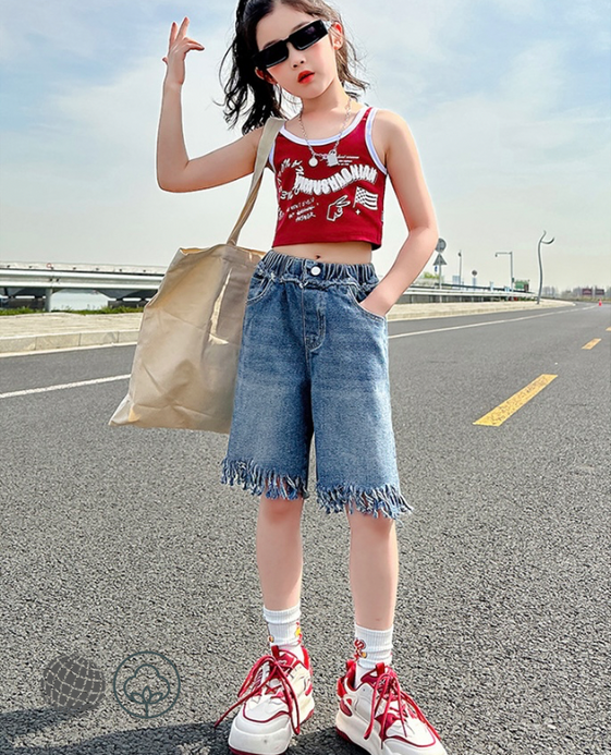 Girls Denim Shorts Summer Elastic Waist Knee Length Fashion Casual Teenage Children Tassels Denim Jeans Thin Loose All-match Kids Short Tassel Pant in trending Blue Girls Denim Shorts Summer Elastic Waist Knee Length Fashion Casual Teenage Children Tassels Denim Jeans Thin Loose All-match Kids Short Tassel Pant in trending Blue
