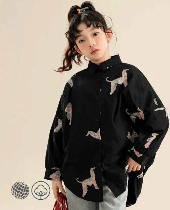 Casual Top Girls Black Print Long Sleeve Loose Blouse Teen Kids Shirts Spring Autumn Fashion School Children trending Tops Blouses with Dog image Casual Top Girls Black Print Long Sleeve Loose Blouse Teen Kids Shirts Spring Autumn Fashion School Children trending Tops Blouses with Dog image