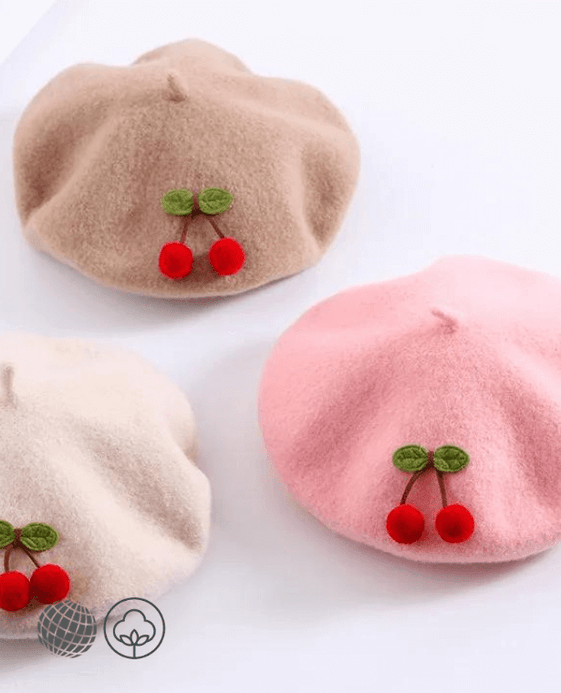 Cherry Beret  Children’s Child’s 2-6 Autumn Winter Warm Girl Pure Color Cute Japanese Style Handmade Fashion Painter Berets Kids Hats Headwear for trending Girls Toddlers in