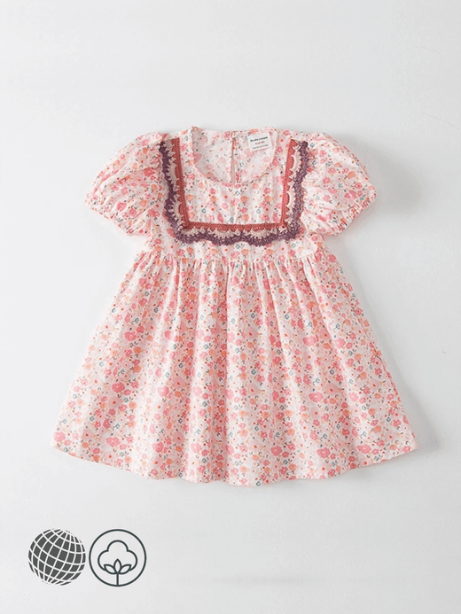 Kids Floral Princess Dress   Bohemia Girls Summer Lace Korean Children's Round Neck Short-Sleeved Boho Sweet Print Boatneck Dresses for trending Bohemian Girl in Pink